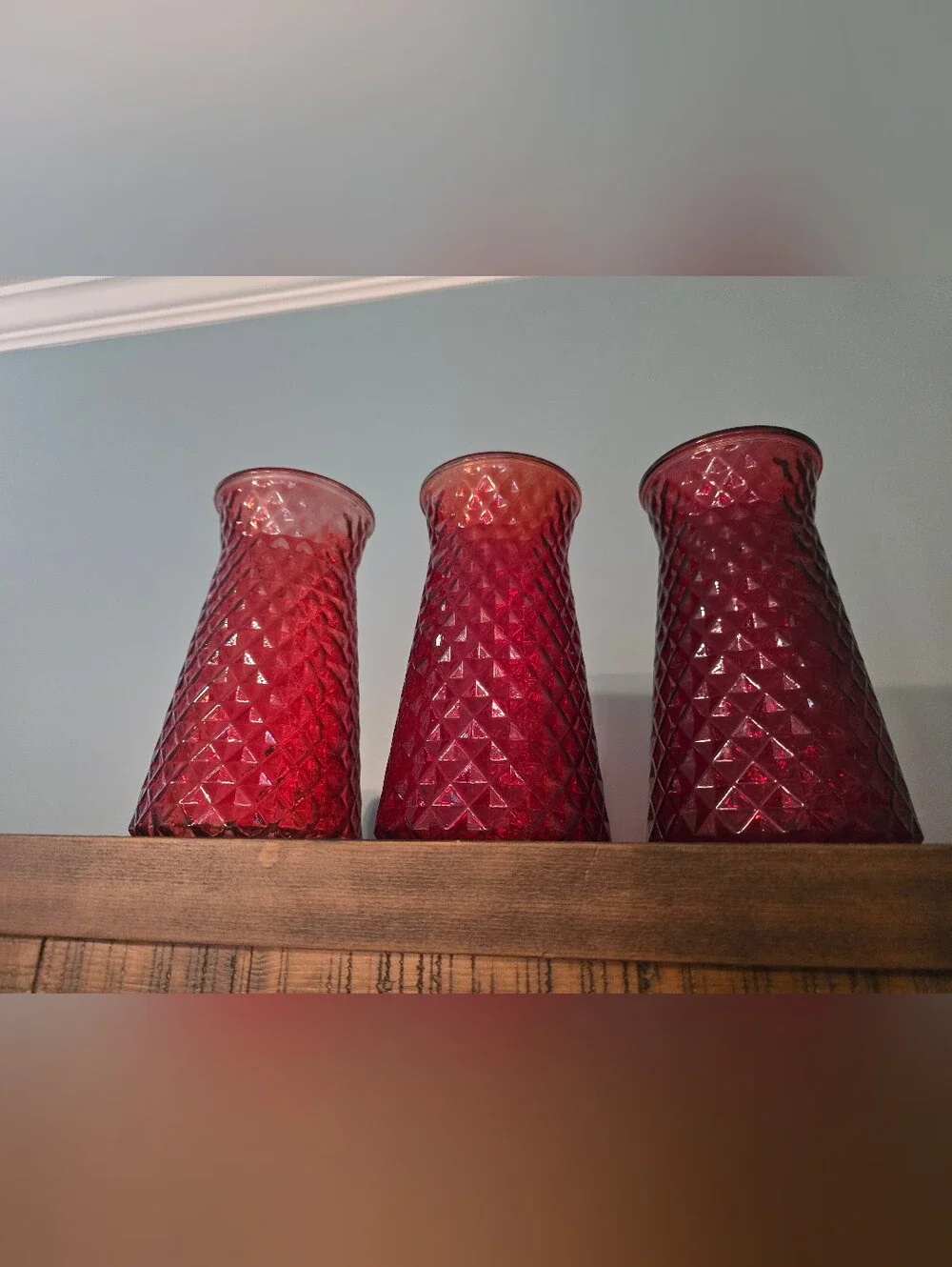 Set Of 3 Vintage Paula DPS 9in Vases. Each A Slightly Different Shade Of Red.